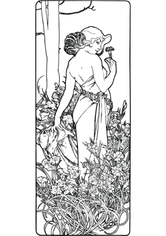 The Flowers  Carnation By Alphonse Mucha Coloring Page